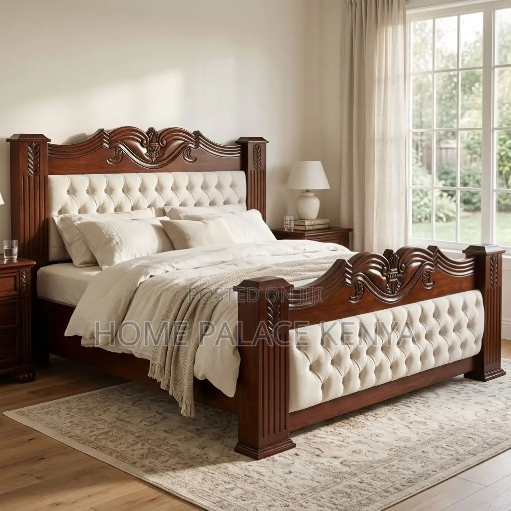Home Bed Frame; King Size Mahogany Frame Padded Bed