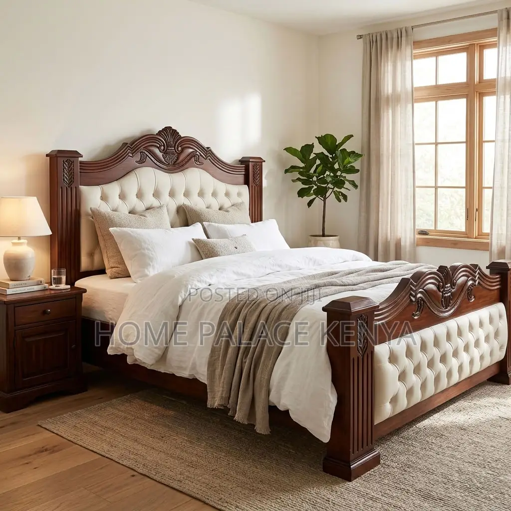 Home Bed Frame; King Size Mahogany Frame Padded Bed