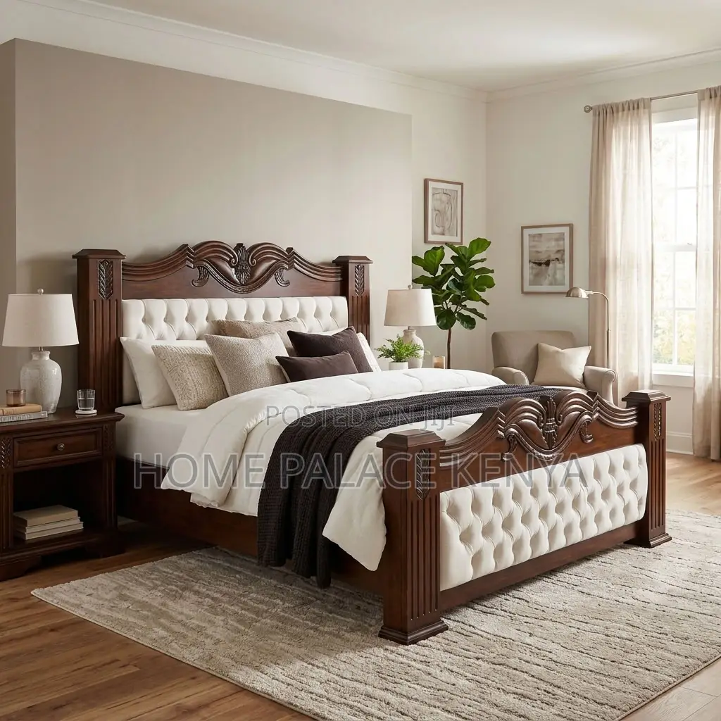 Home Bed Frame; King Size Mahogany Frame Padded Bed