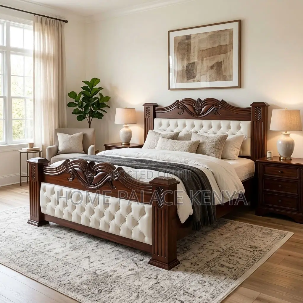 Home Bed Frame; King Size Mahogany Frame Padded Bed