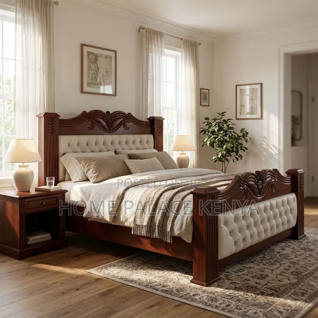Home Bed Frame; King Size Mahogany Frame Padded Bed