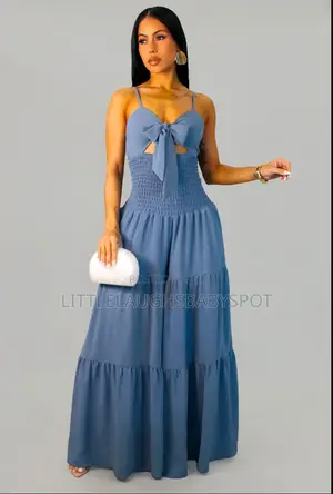 Ladies Beige,Brown,Denim Blue Maxi Dress - Bow Fr M/L/XL/2xl