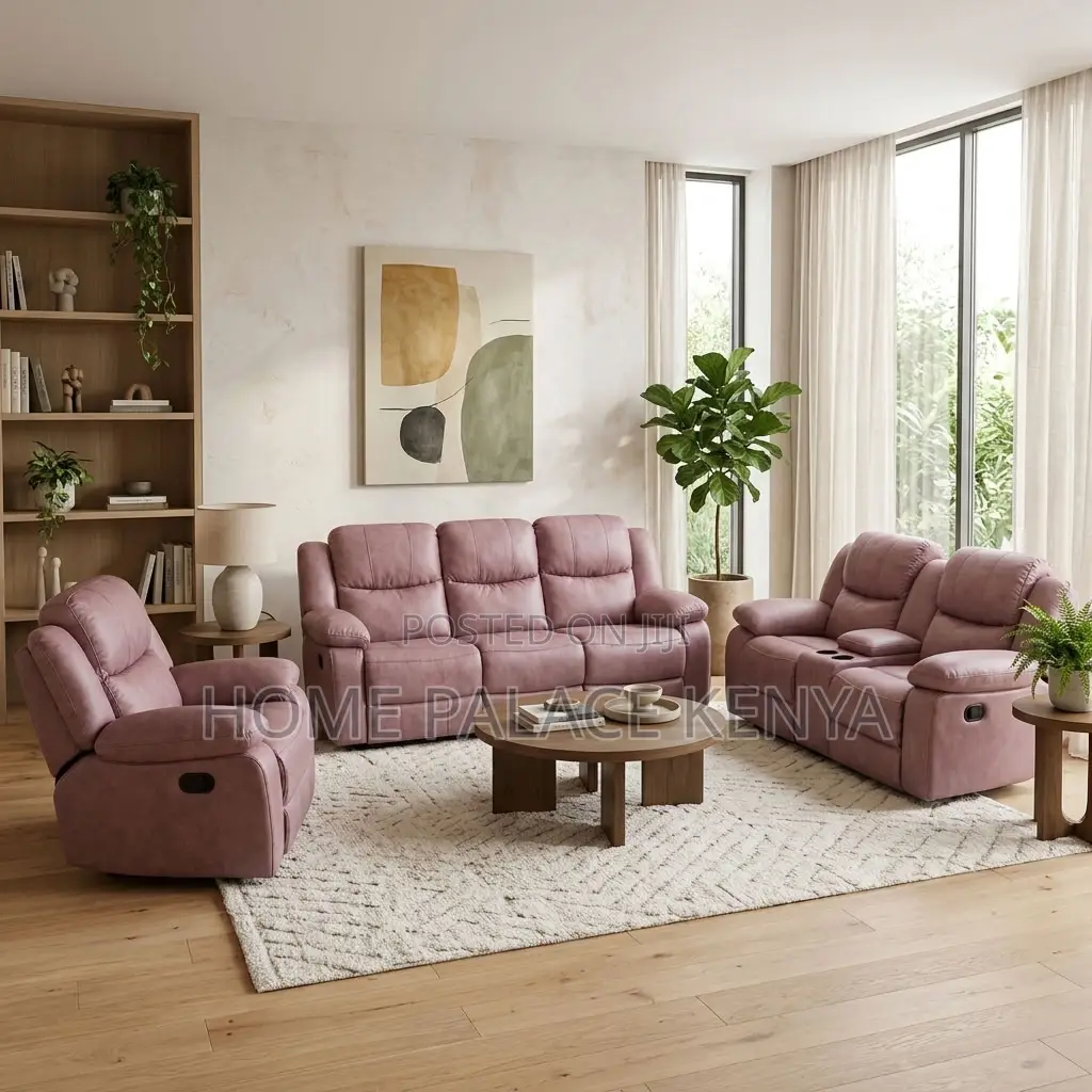 Sofas; 6-Seater Light Pink Fabric Recliner Sofa