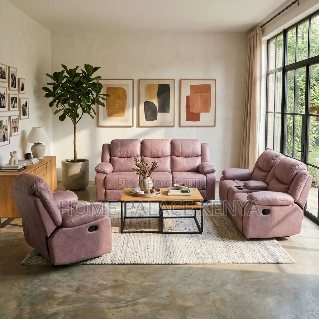 Sofas; 6-Seater Light Pink Fabric Recliner Sofa