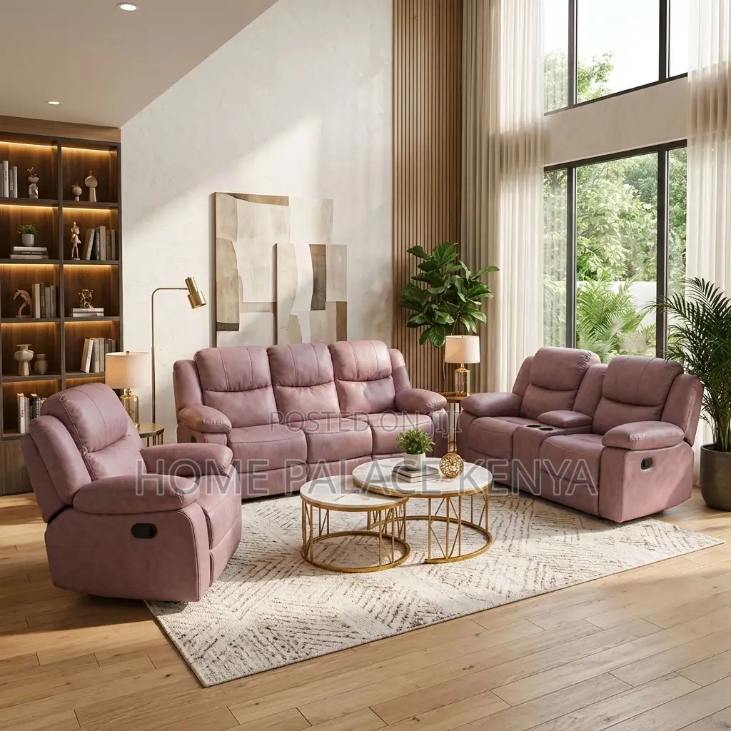 Sofas; 6-Seater Light Pink Fabric Recliner Sofa