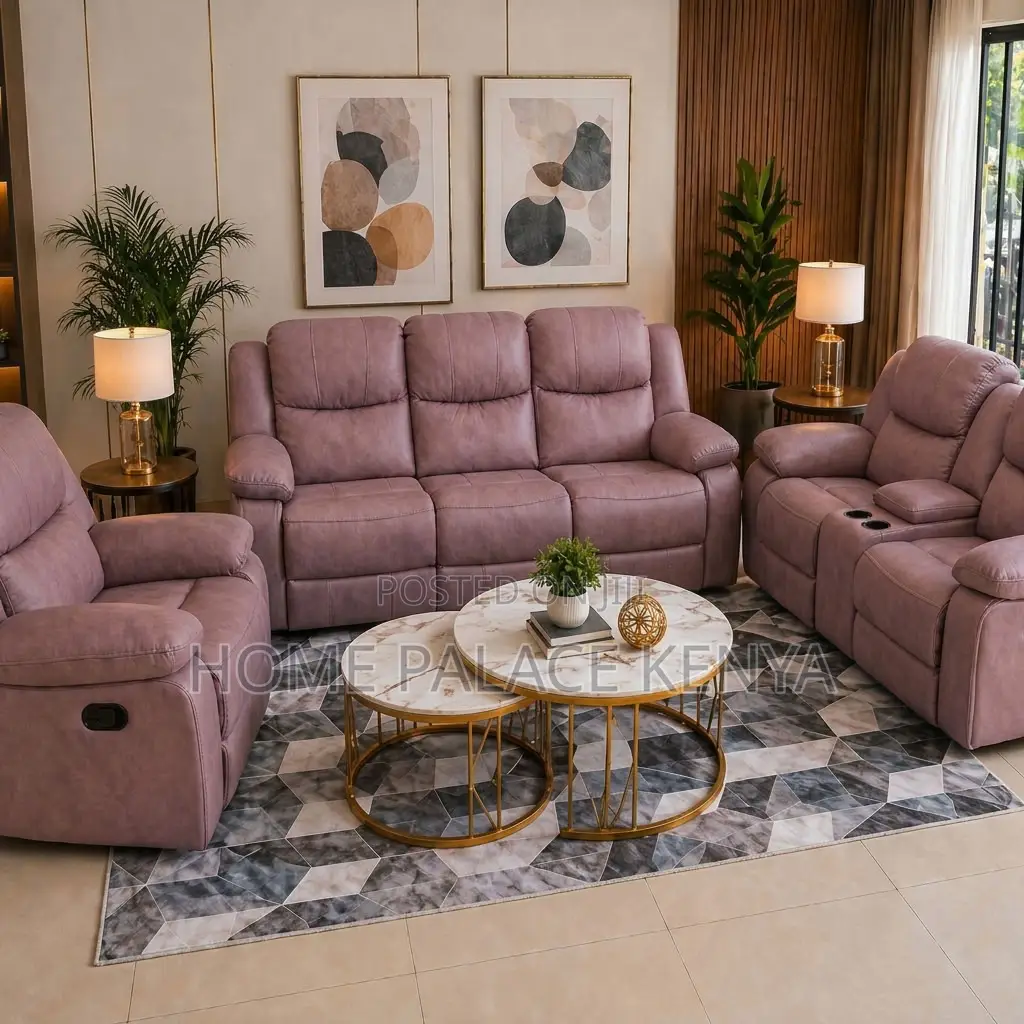 Sofas; 6-Seater Light Pink Fabric Recliner Sofa