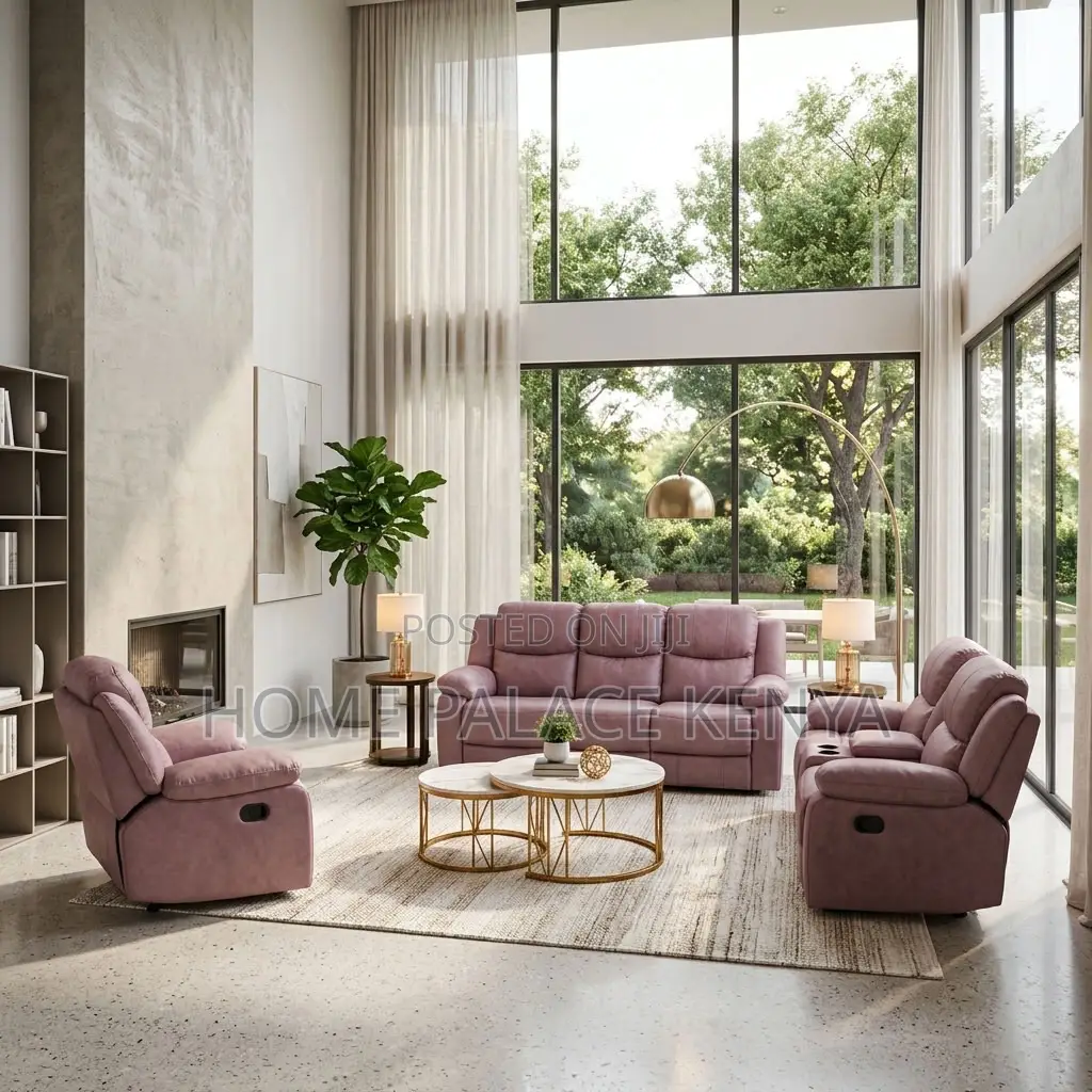 Sofas; 6-Seater Light Pink Fabric Recliner Sofa