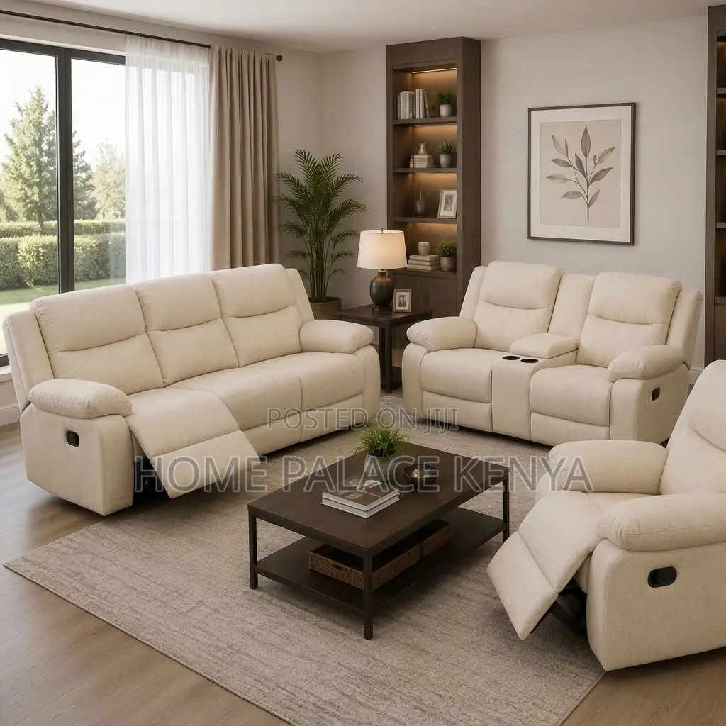 Recliners; 6-Seater Light White Fabric Recliner Sofa