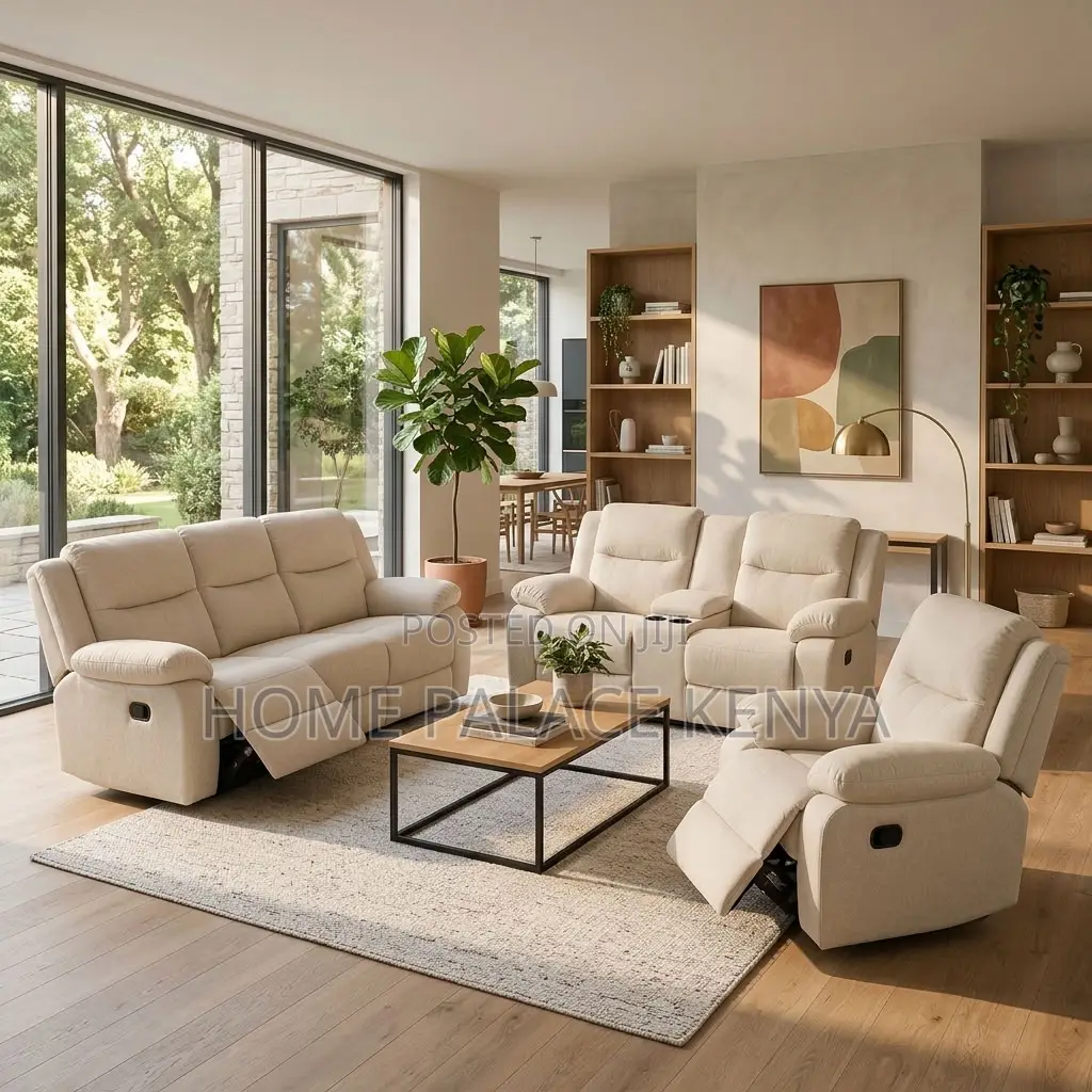 Recliners; 6-Seater Light White Fabric Recliner Sofa