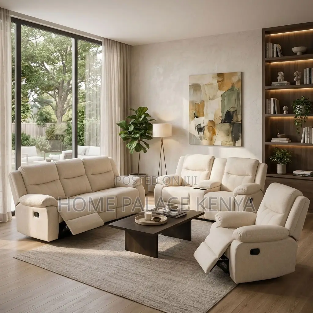 Recliners; 6-Seater Light White Fabric Recliner Sofa