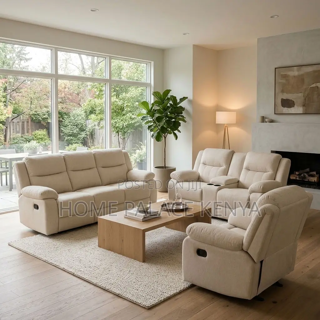 Recliners; 6-Seater Light White Fabric Recliner Sofa