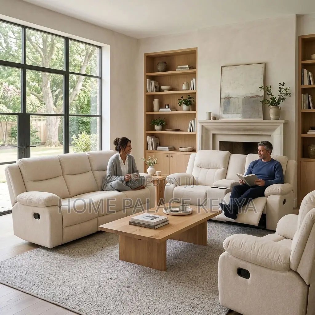 Recliners; 6-Seater Light White Fabric Recliner Sofa