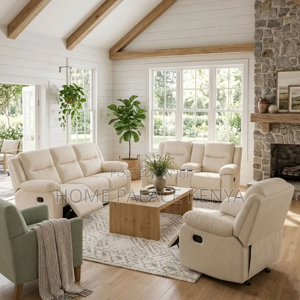 Recliners; 6-Seater Light White Fabric Recliner Sofa