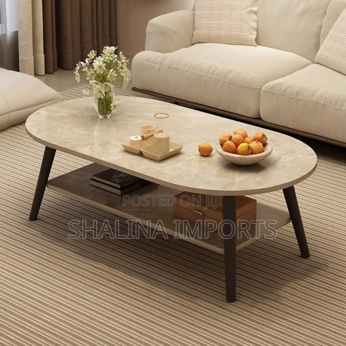 Minimalist Oval Coffee Table With a Lower Storage Shelf