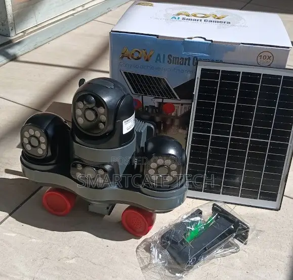 V380 Solar CCTV Camera With Three Lenses and Strobe Warning Light