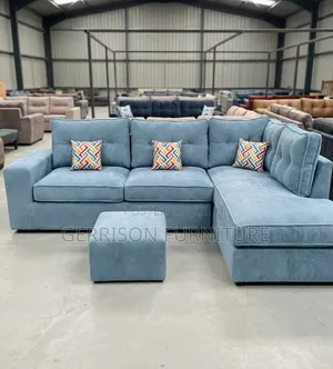 Premium 6-Seater Powder Blue Corduroy Corner Sofa Set With Pouf