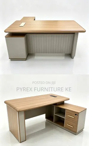 Executive L-Shape Office Table - Wood Grain Top With Cream Panel