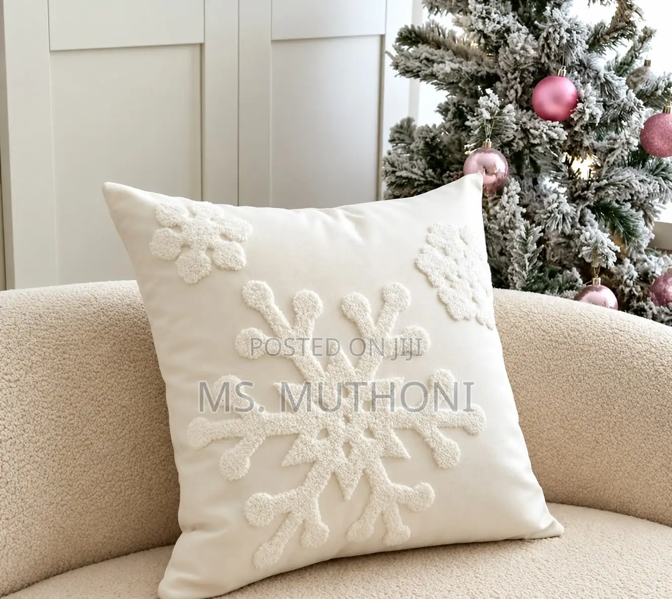 Christmas 3D Plush Ivory Snowflake Cushion Cover