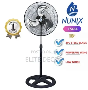 Nunix FS45A 18-Inch Stand Fan Featuring a Black Round Base,
