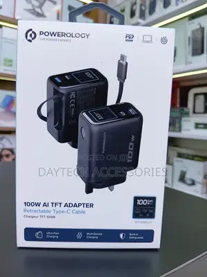 Powerology 100W TFT Adapter With Retractable Type-C Cable - Black