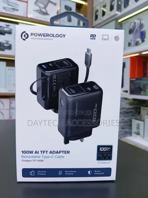 Powerology 100W TFT Adapter With Retractable Type-C Cable - Black