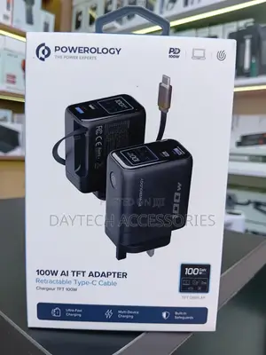 Powerology 100W TFT Adapter With Retractable Type-C Cable - Black