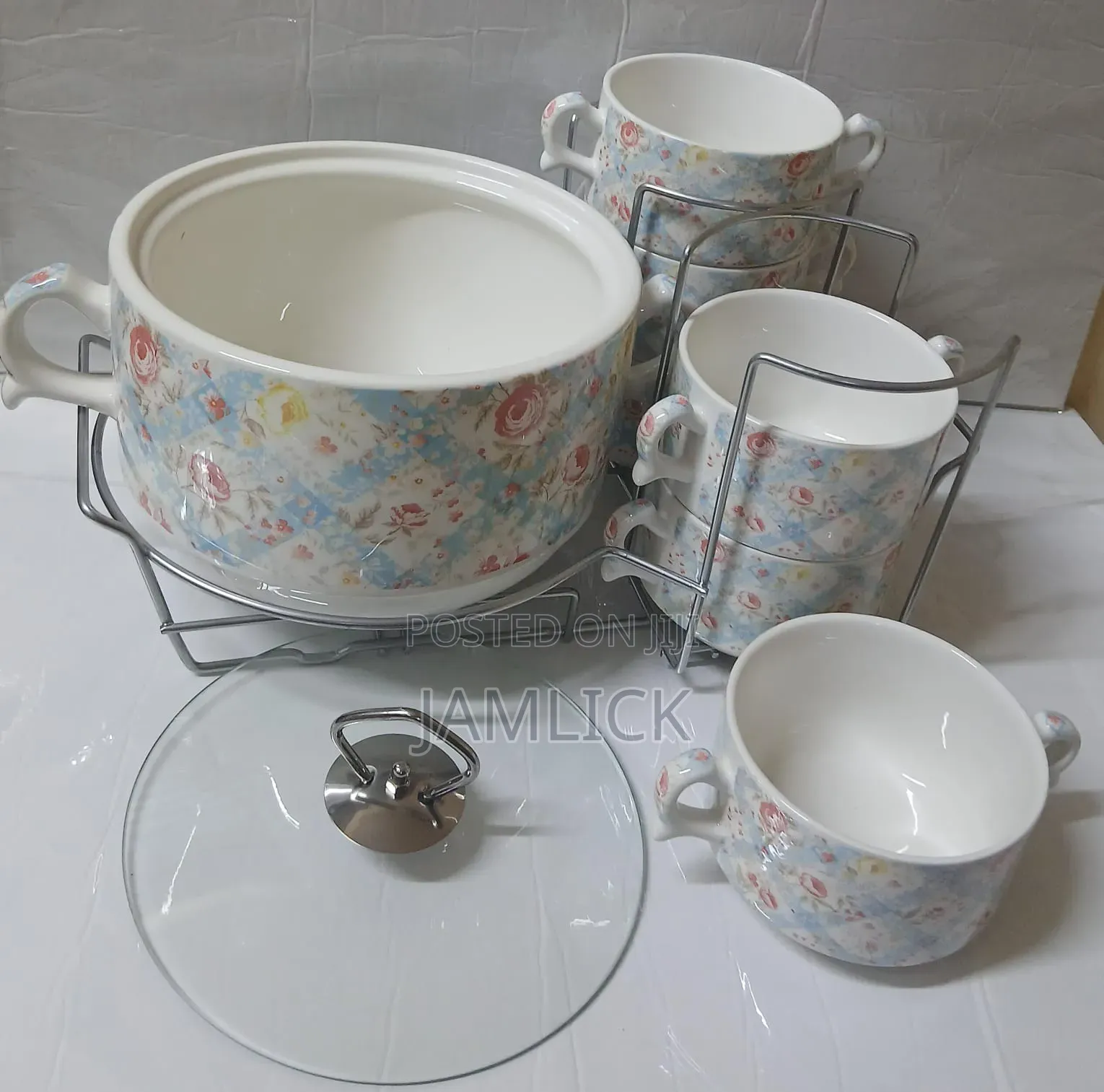 7PCS White Ceramic Soup Bowl Set With Glass Lid and Stand - Bz