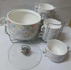 7PCS White Ceramic Soup Bowl Set With Glass Lid and Stand - Bz