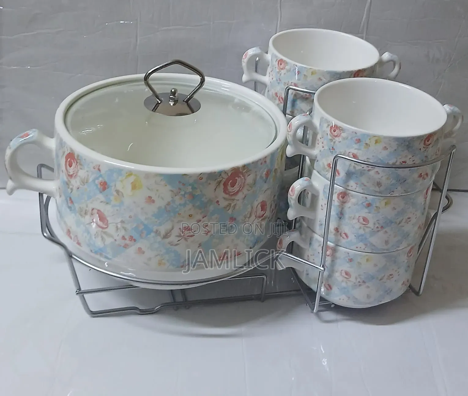 7PCS White Ceramic Soup Bowl Set With Glass Lid and Stand - Bz