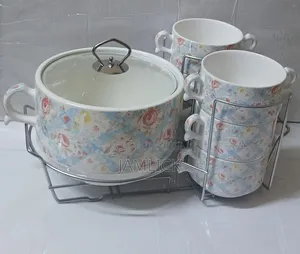 7PCS White Ceramic Soup Bowl Set With Glass Lid and Stand - Bz