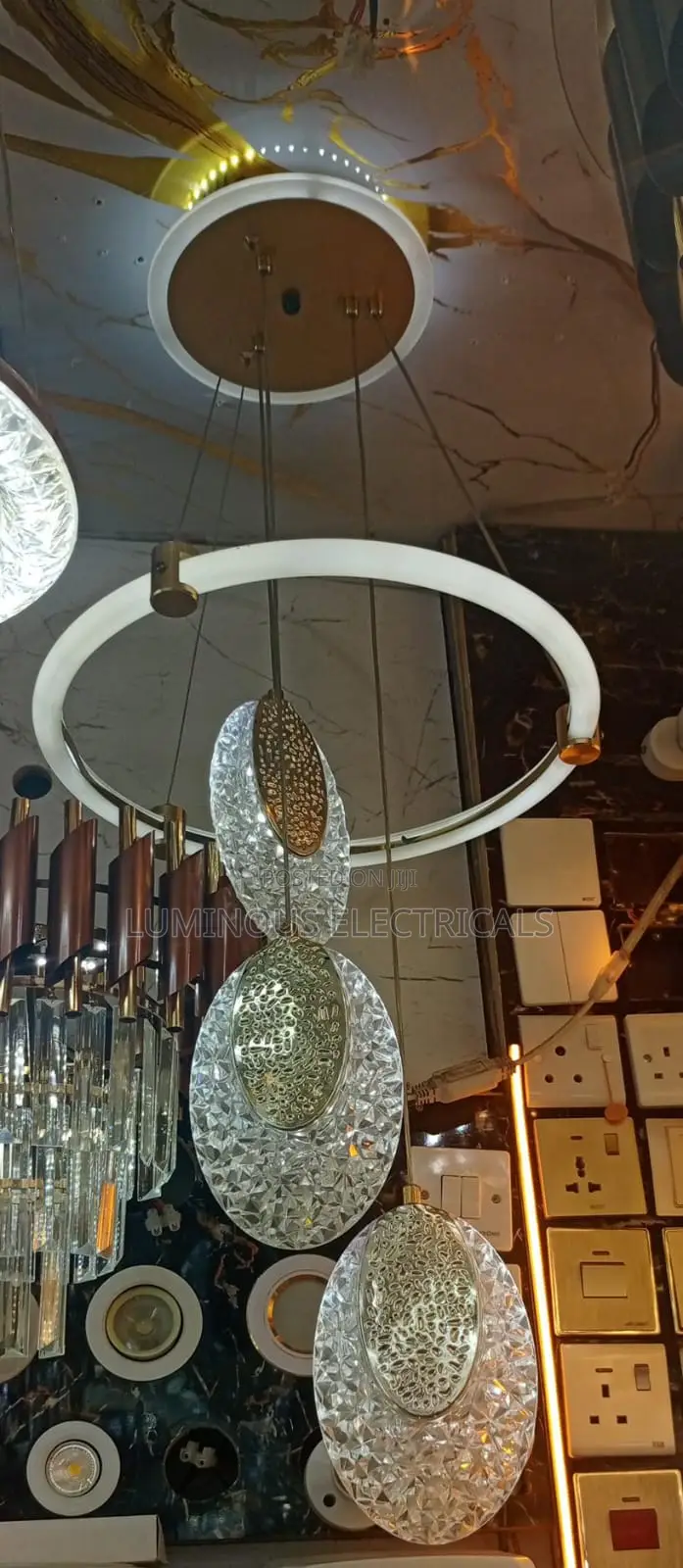 3-Light Crystal Oval Hanging Chandelier With Gold LED Hoop Accent