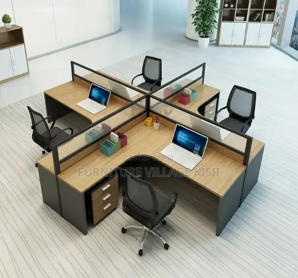 Brown Curved 4-Way Office Workstation