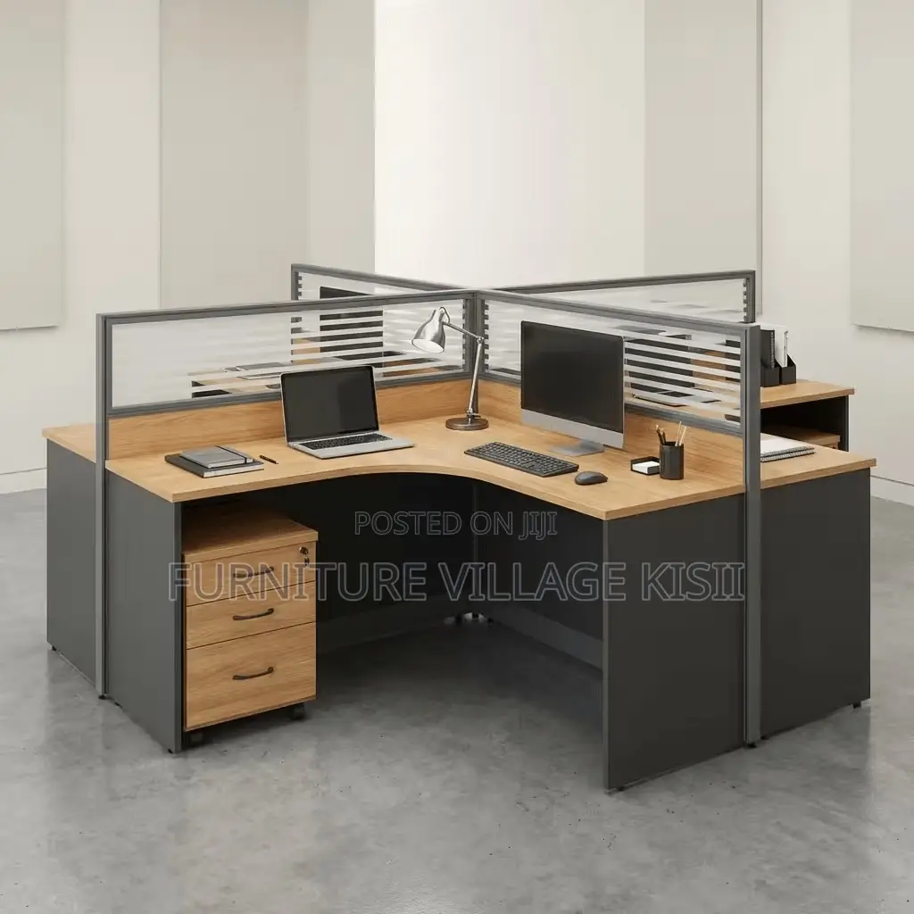Brown Curved 4-Way Office Workstation