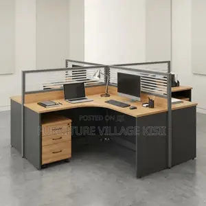 Brown Curved 4-Way Office Workstation