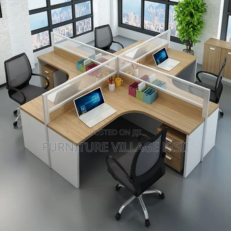 Brown Curved 4-Way Office Workstation