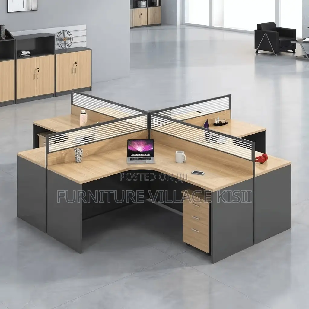 Brown Curved 4-Way Office Workstation
