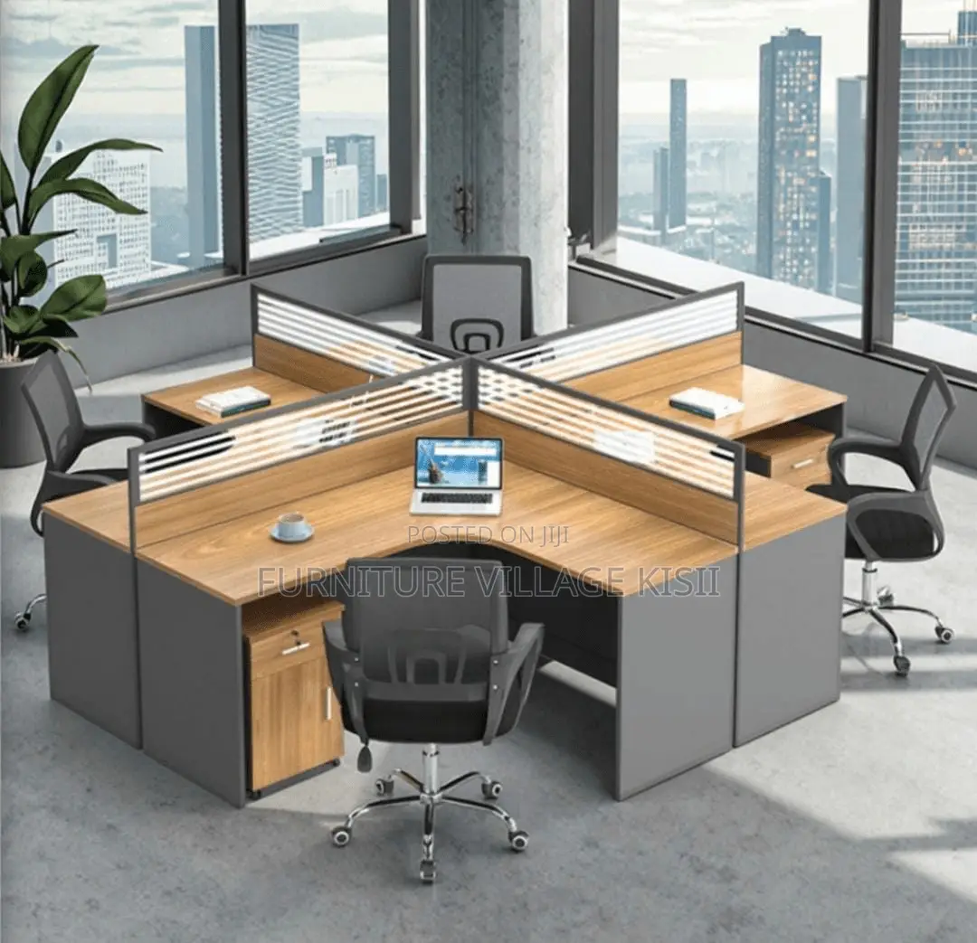 Brown Curved 4-Way Office Workstation