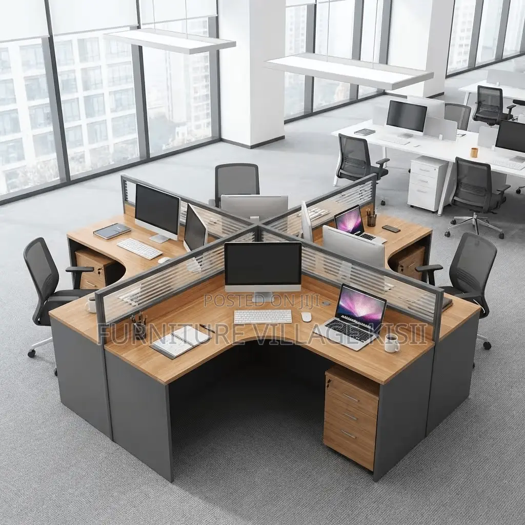 Brown Curved 4-Way Office Workstation