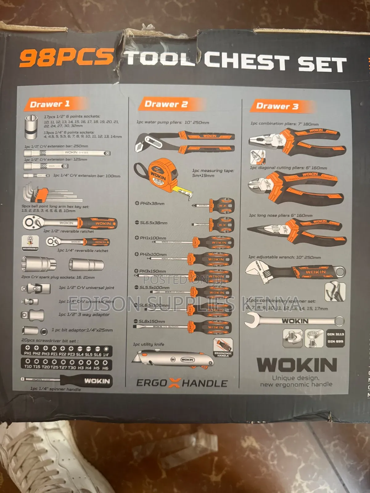 WOKIN 98pcs Tools Chest Set Socket Wrench Mechanic Metal Tray Tool Box