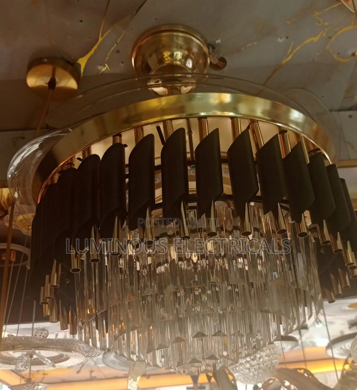 Modern Black & Gold Crystal Ceiling Fan Light With Smart Bluetooth