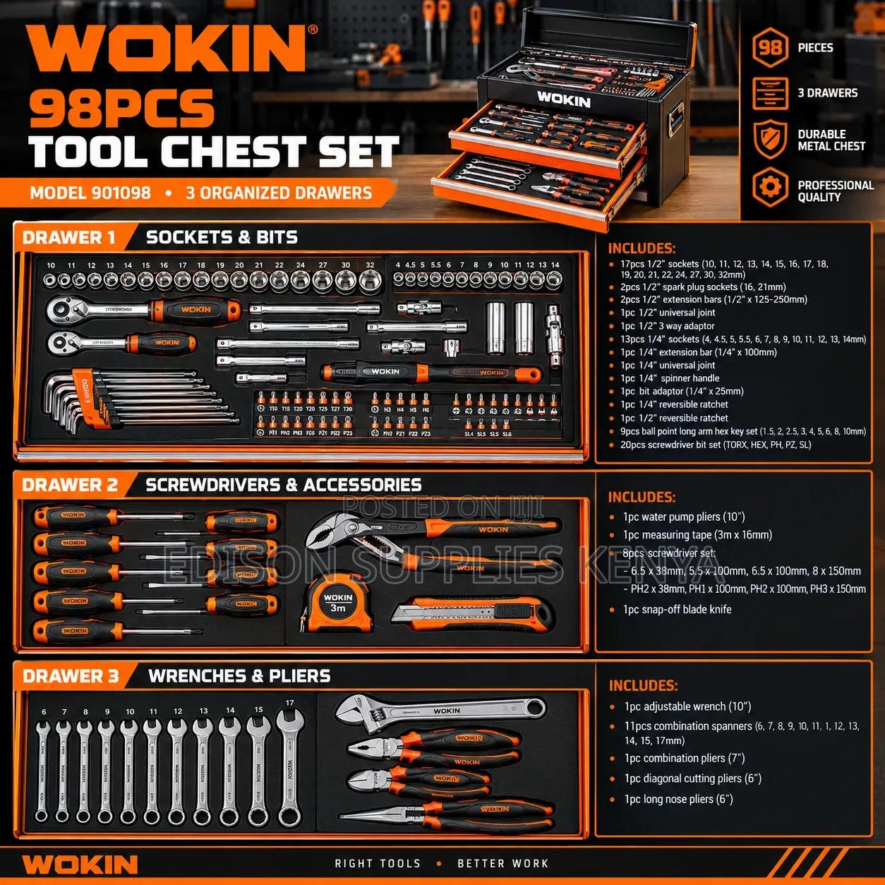 WOKIN 98pcs Tools Chest Set Socket Wrench Mechanic Metal Tray Tool Box