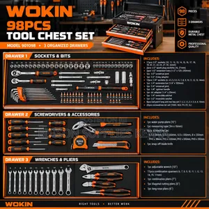 WOKIN 98pcs Tools Chest Set Socket Wrench Mechanic Metal Tray Tool Box