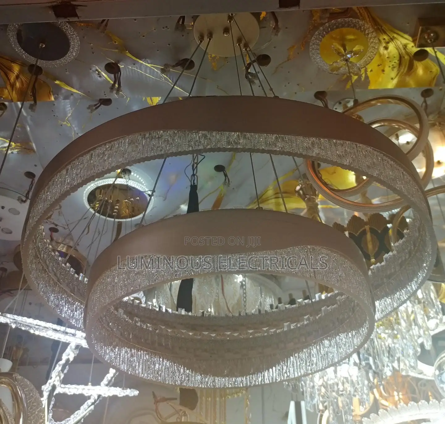 Modern Luxury LED Ring Chandelier 2-Tier Gold Crystal