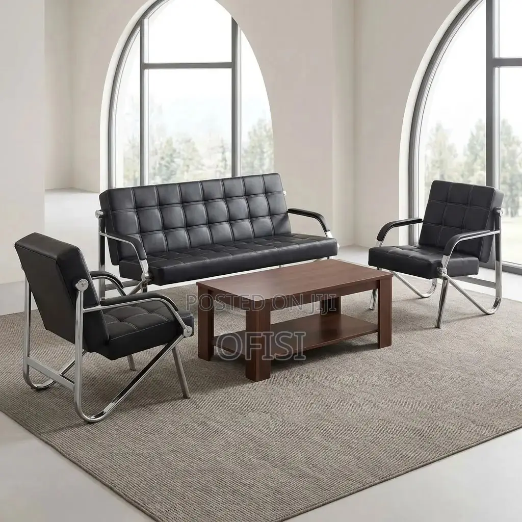 Office Sofa; Black 5 Seater Leather Reception Sofa