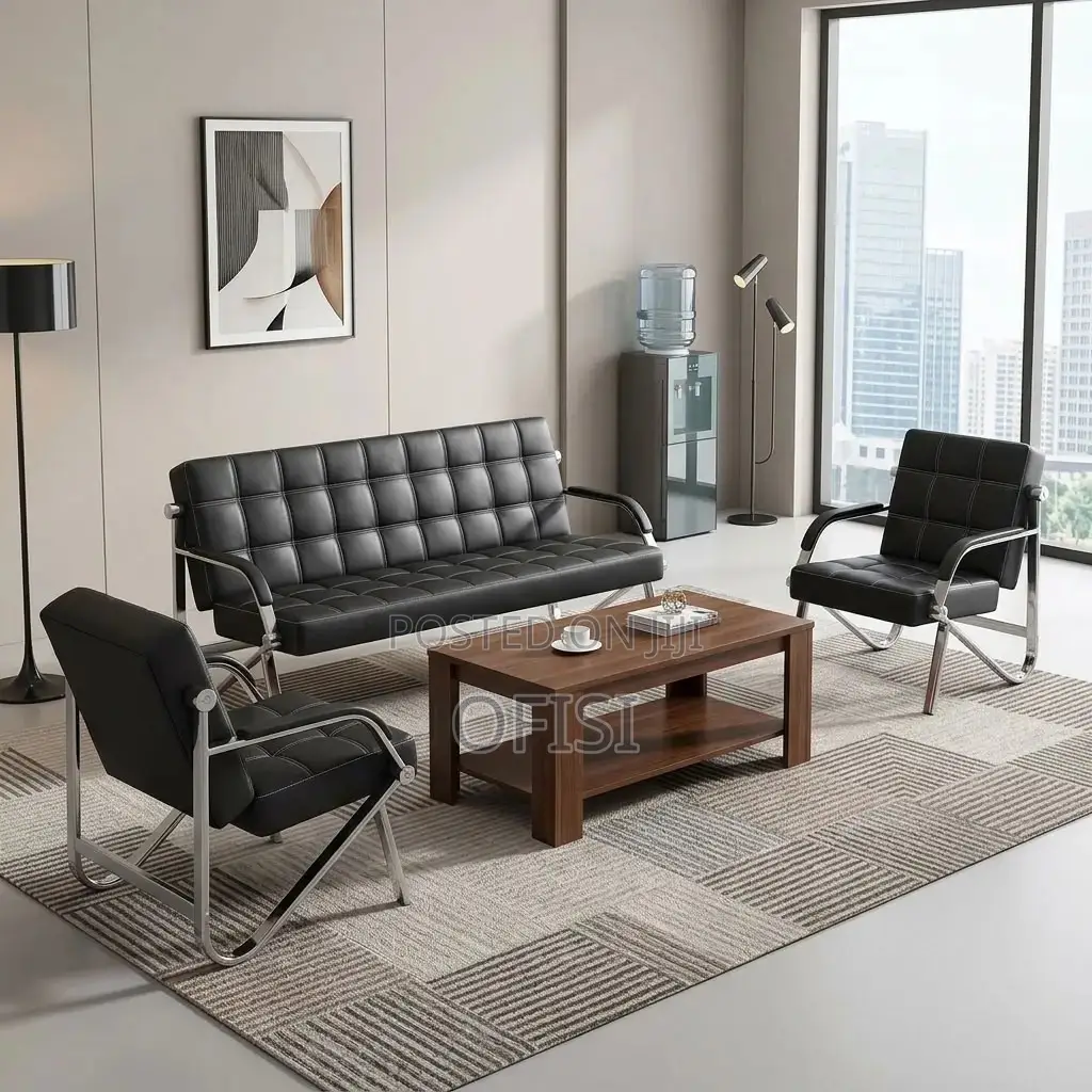 Office Sofa; Black 5 Seater Leather Reception Sofa