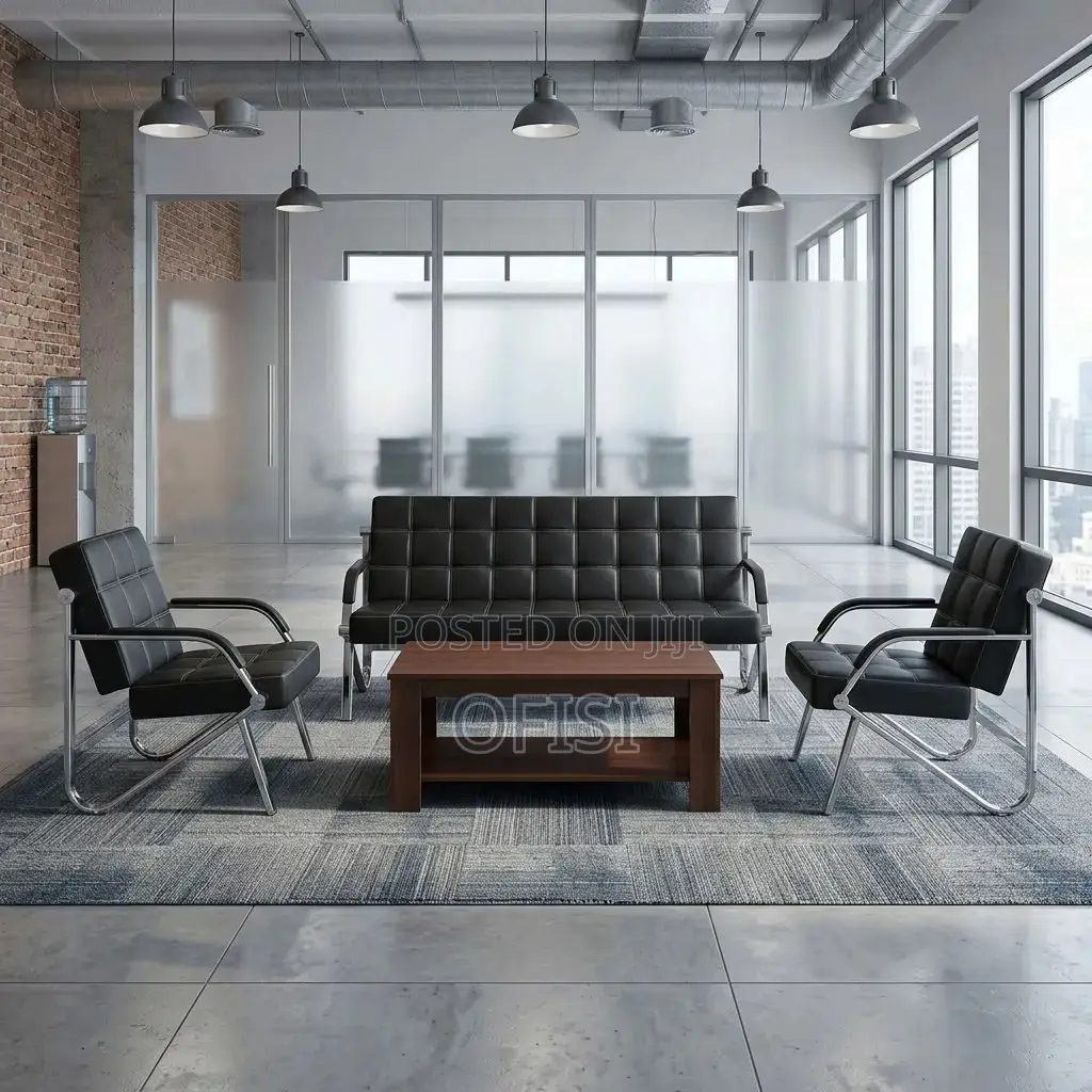 Office Sofa; Black 5 Seater Leather Reception Sofa