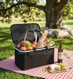 Black, Collapsible Insulated Cooler Picnic Basket W/ Aluminum Frame