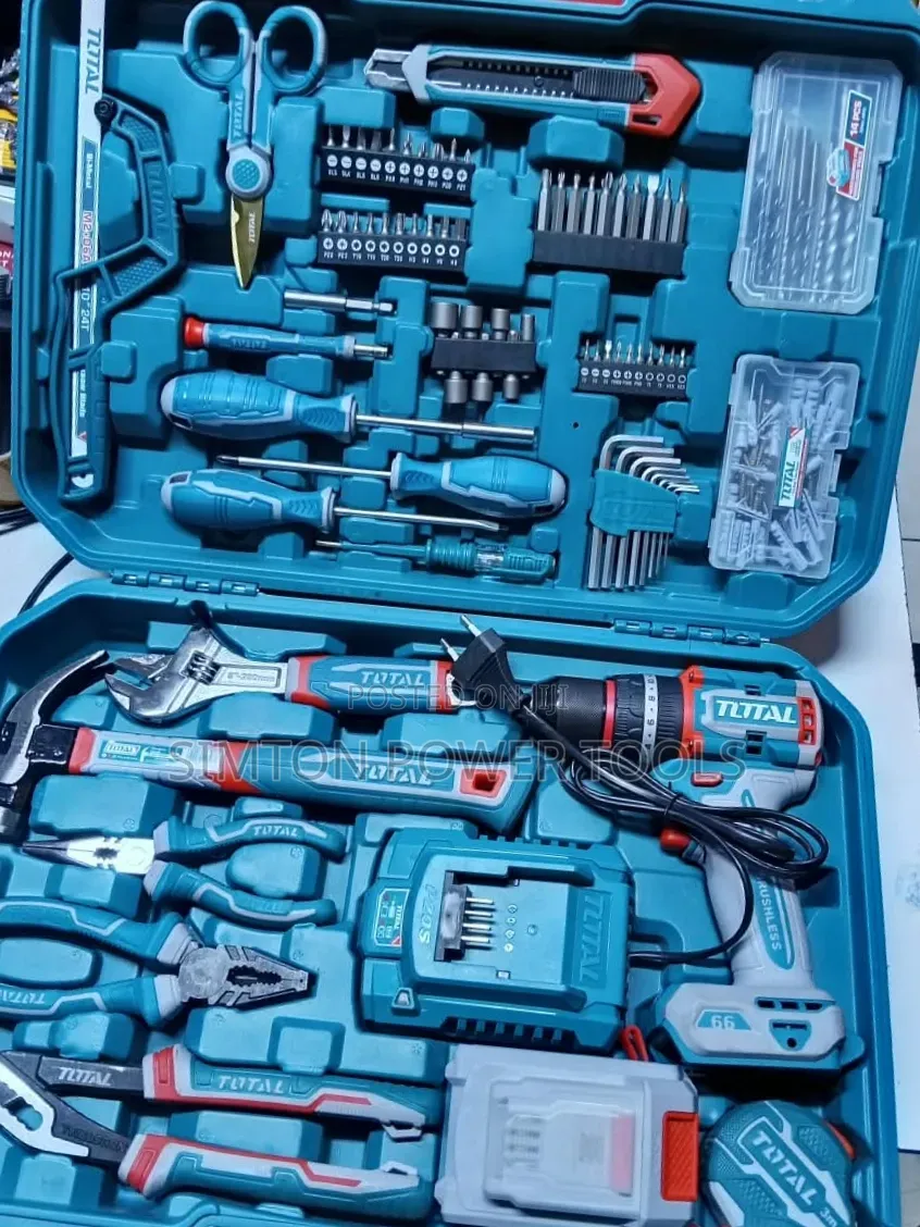 TOTAL Tools 165-Piece / 166-Piece Cordless Drill and Hand Tool Box Set