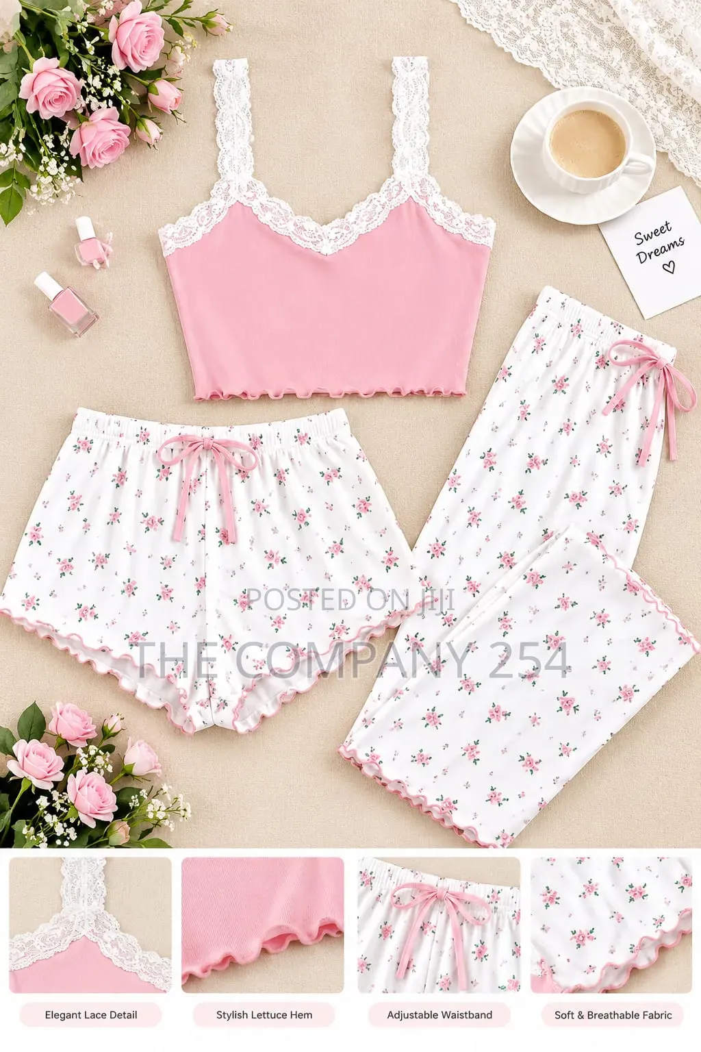 3 Piece Flower Print Pajama Set