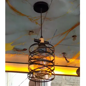 Modern Retro Single Pendant Light With Wood Accent & Amber Glass